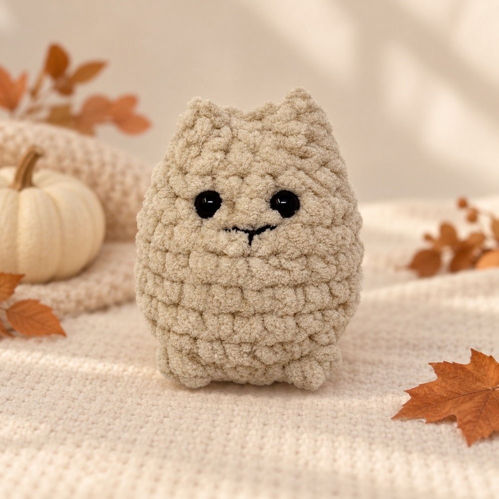 Handmade Crochet Cat Plush Mini Cream Kitty Amigurumi Shelf Decor